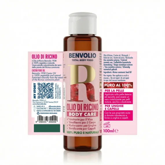 Etichetta informativa dell'Olio di Ricino Benvolio Body Care 100% puro e naturale da 100ml.