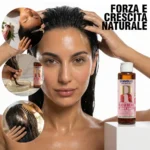 Donna che applica olio di ricino Benvolio sui capelli per forza e crescita naturale.