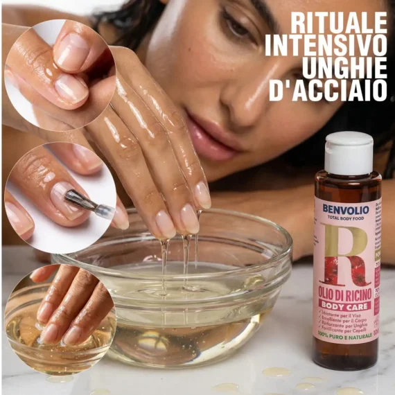 Trattamento rituale intensivo con olio di ricino per unghie forti come l'acciaio.