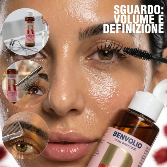 Applicazione di olio di ricino Benvolio sulle ciglia per volume e definizione dello sguardo.