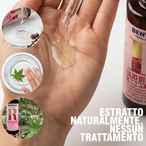 Texture densa e pura dell'olio di ricino Benvolio estratto naturalmente senza trattamenti chimici.