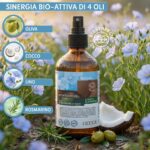 Infografica ingredienti Olyxir: Olio Extravergine di Oliva, Olio di Cocco MCT, Olio di Lino e Estratto di Rosmarino.