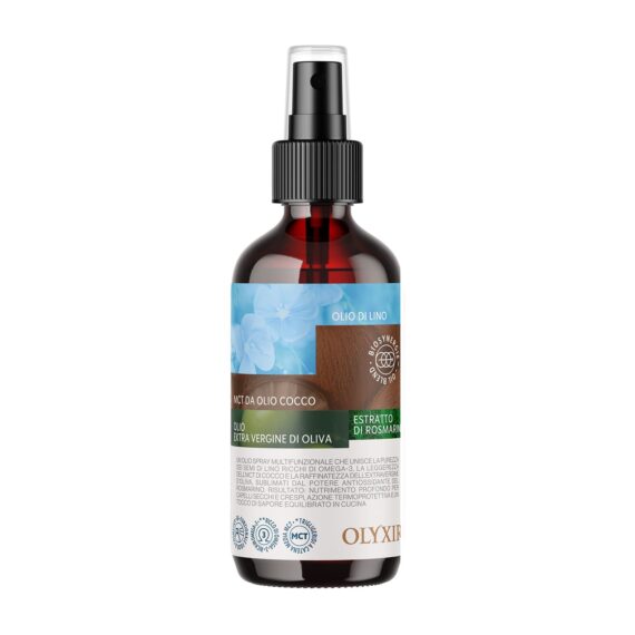 Flacone spray Olio Olyxir Biosynergie 100ml in vetro ambrato, mix olio MCT cocco, lino, oliva e rosmarino.