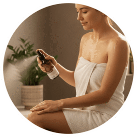 Donna Che Idrata La Pelle Del Corpo Dopo La Doccia Con L'Olio Mct Spray Benvolio Per Un'Idratazione Leggera.