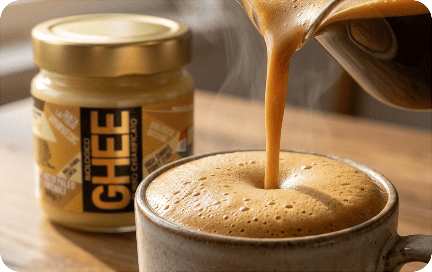 Eingießen Von Cremigem Bulletproof Coffee Mit Benvolio Ghee