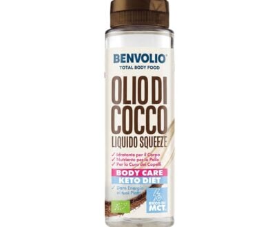 Flacone Squeeze Benvolio Olio di Cocco Liquido 250ml. Prodotto biologico ricco di MCT, indicato per Body Care, Capelli e Dieta Keto. 100% naturale e vegetale.
