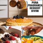 Olio di cocco liquido Benvolio versato su pancake con mirtilli e dessert. Ideale per ricette dolci e colazioni salutari grazie alla sua pura fragranza naturale.