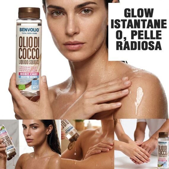 Donna con pelle radiosa che applica olio di cocco liquido Benvolio sul corpo. Idratazione profonda per un glow istantaneo e una pelle sana e luminosa.