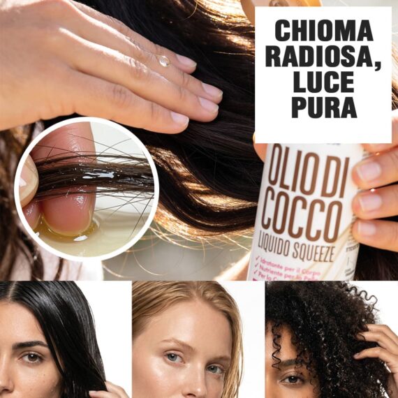 Primo piano di capelli trattati con olio di cocco Benvolio per una chioma radiosa e senza crespo. Trattamento nutriente per capelli ricci e secchi con luce pura.