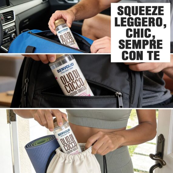 Olio di cocco Benvolio in formato squeeze leggero inserito in borsa sportiva e zaino. Pratico, chic e sempre con te per lo sport e il tempo libero.