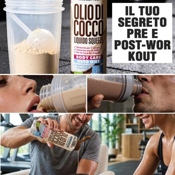 Olio di cocco Benvolio aggiunto a uno shaker di proteine in palestra. Il segreto energetico pre e post-workout per sportivi che seguono la dieta Keto.