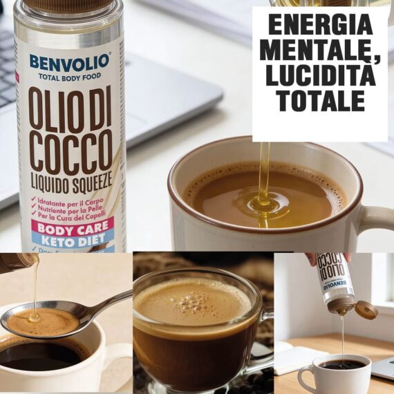 Preparazione di un Bulletproof Coffee con olio di cocco liquido Benvolio. Supporto per l'energia mentale e la lucidità totale grazie agli MCT dell'olio di cocco
