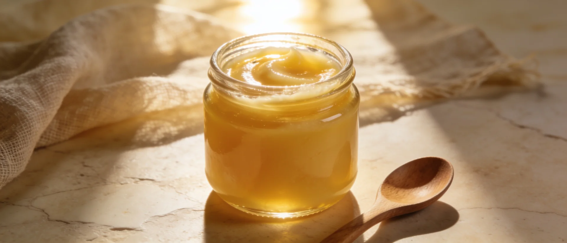 Benvolio Organic Ghee 200Ml Glass Jar On Wooden Chopping Board With Fresh Aromatic Herbs Natural Light