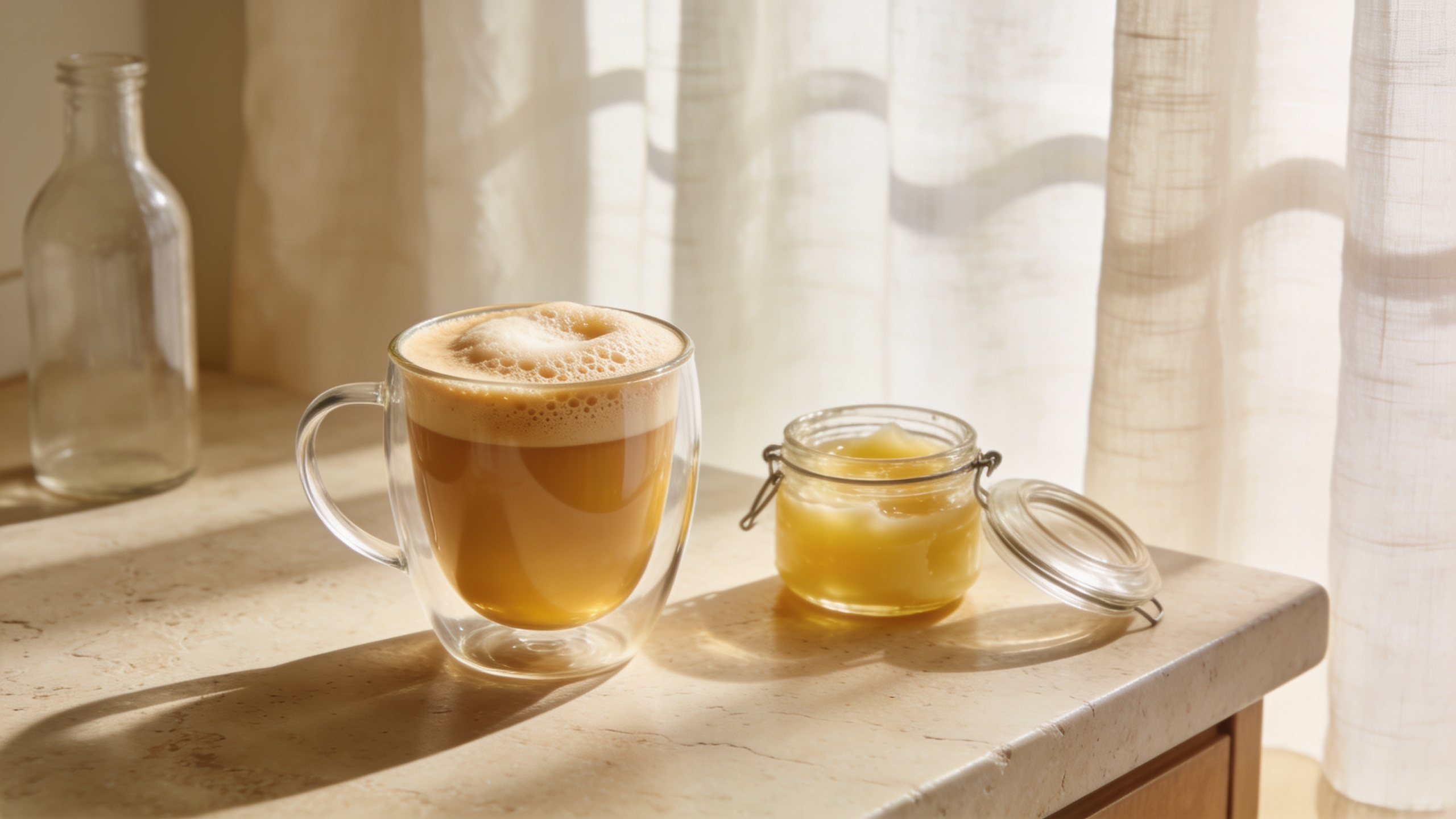Vasetto Aperto Di Ghee Biologico Benvolio Con Texture Dorata Cremosa, Sfondo Neutro
