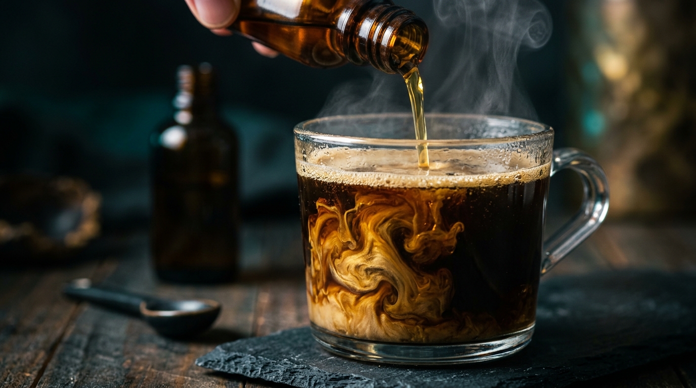 Olio Mct C8 Ketobrain Benvolio Versato Nel Caffe Del Mattino Creando Vortici Dorati, Preparazione Bulletproof Coffee Chetogenico.