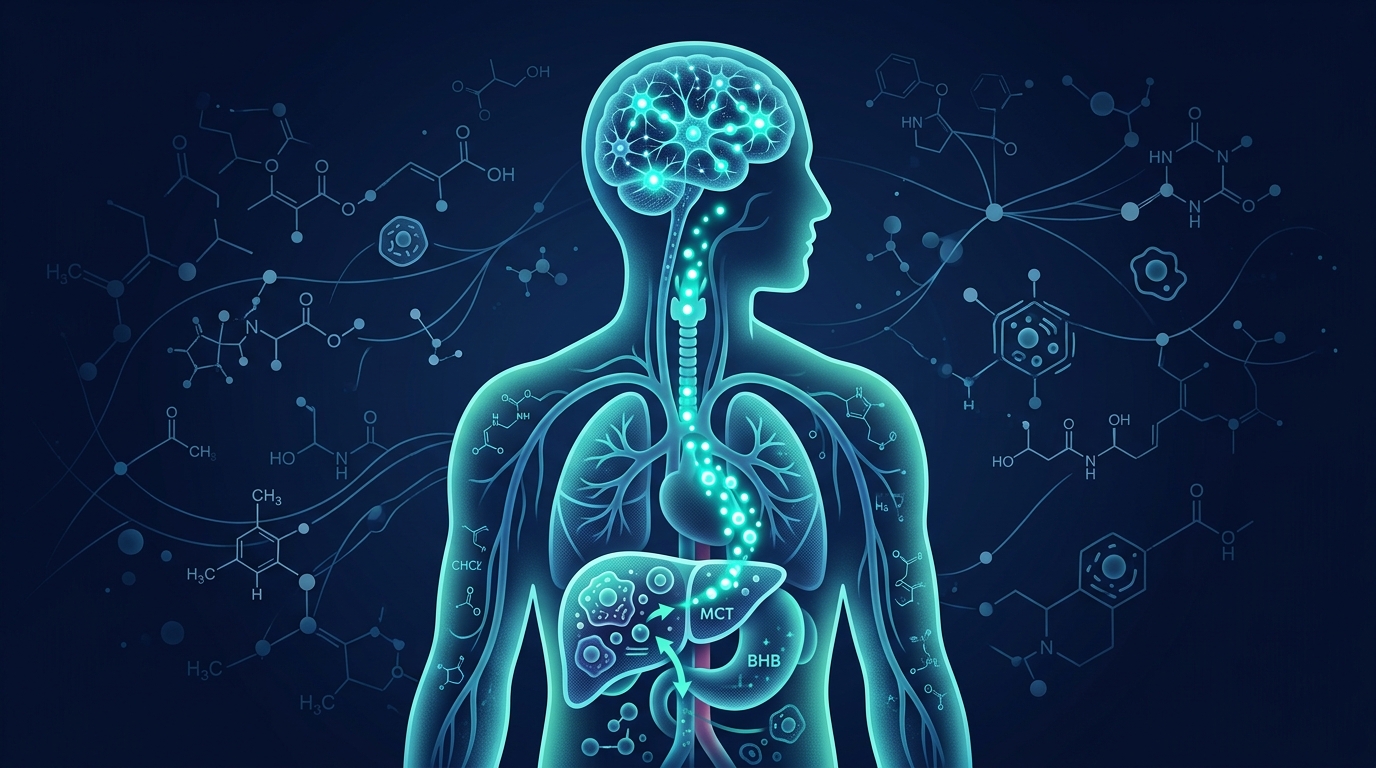 Diagramma Scientifico Del Metabolismo Mct: Il Fegato Converte L Olio Mct C8 Ketobrain In Chetoni Bhb Che Attraversano La Barriera Emato-Encefalica Per Nutrire Il Cervello.