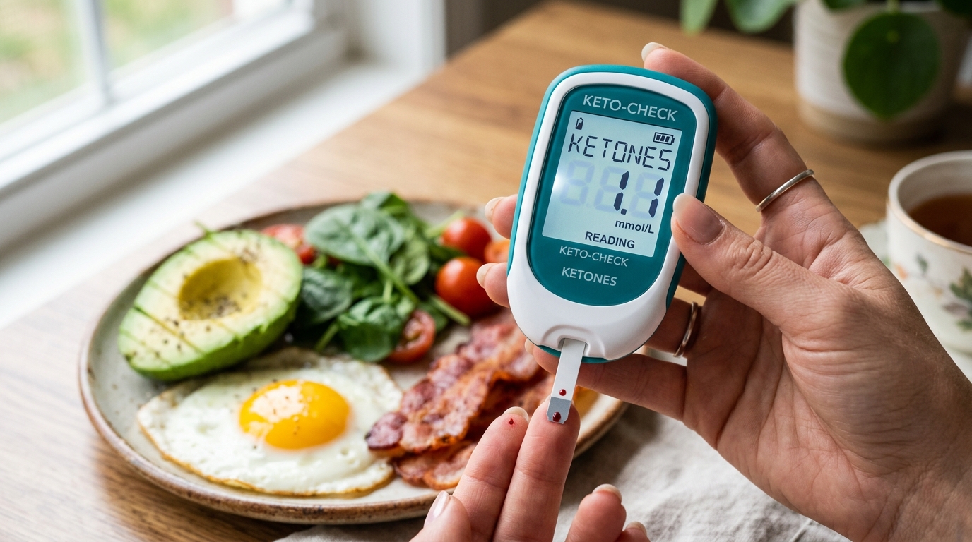 Mano Che Tiene Un Glucometro Per La Misurazione Dei Chetoni Nel Sangue Bhb Mmol L Vicino A Un Pasto Chetogenico Con Avocado Uova E Bacon.