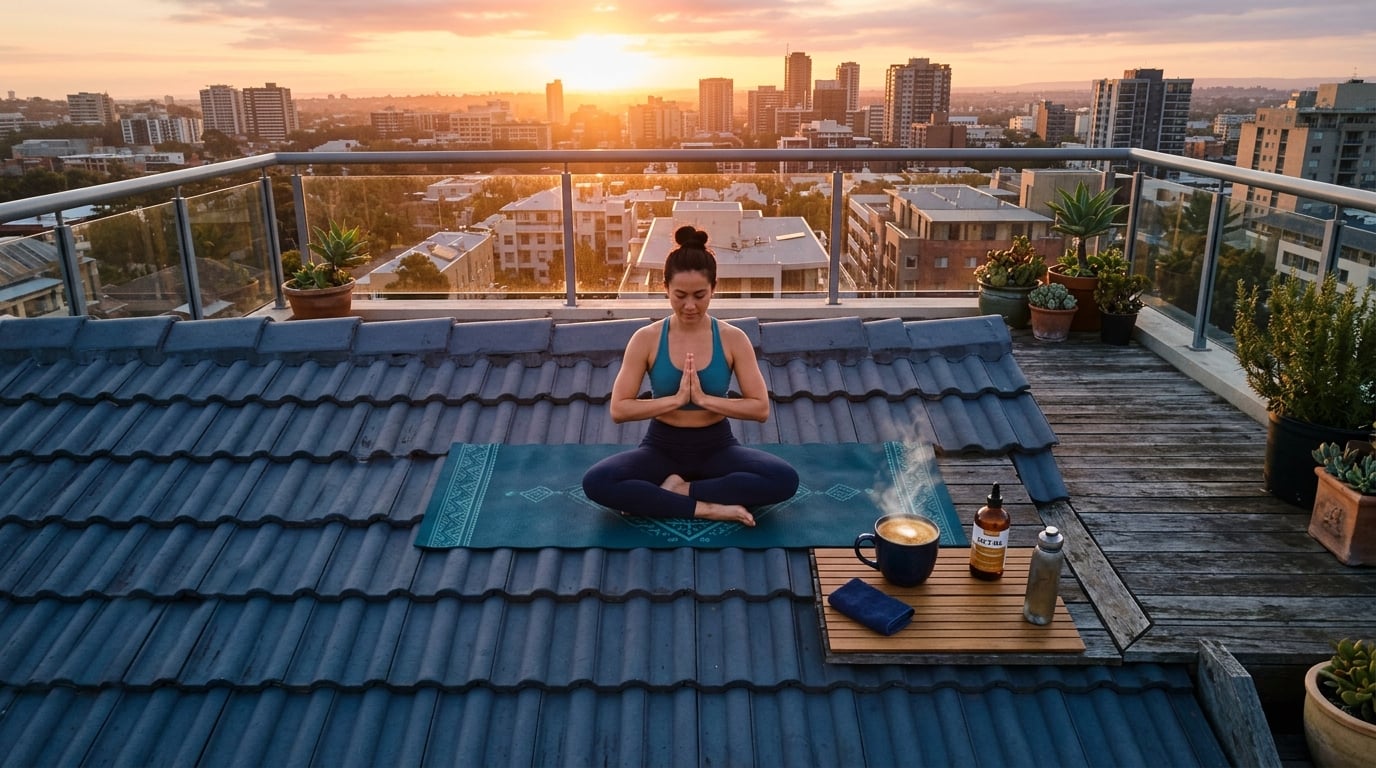 Donna Che Pratica Yoga Al Mattino Su Un Terrazzo Al Tramonto Con Bulletproof Coffee Mct C8 Ketobrain, Stile Di Vita Chetogenico Attivo.