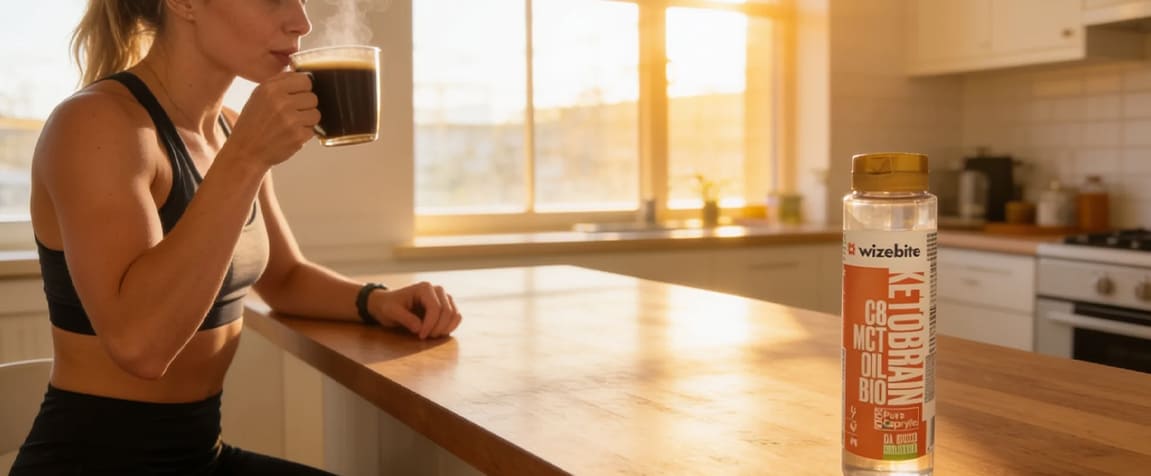 Ragazza In Abbigliamento Sportivo Che Beve Un Caffe Con Olio C8 Mct Durante La Routine Mattutina.