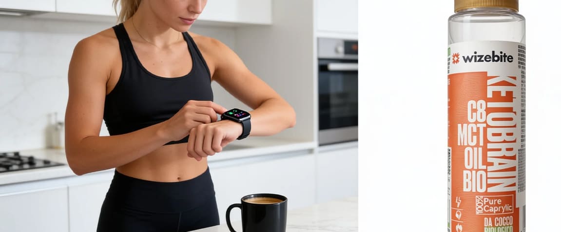 Controllo Dei Tempi Del Digiuno Intermittente Con Smartwatch E Tazza Di Caffe Con Olio C8 Mct.